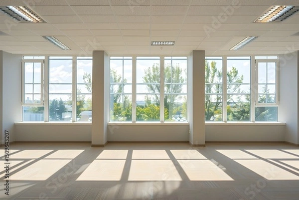 Fototapeta Empty room with large window, symbolizing minimalism, real estate potential, natural light, interior architecture, and spacious modern living environment