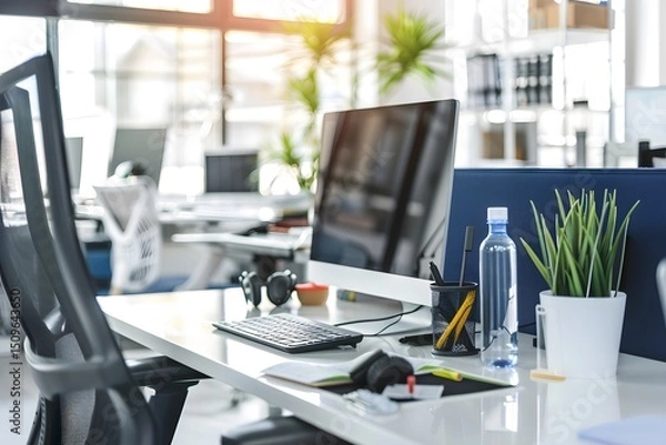 Fototapeta Modern office interior with desk, symbolizing productivity, clean workspace, professional environment, minimalist design, and contemporary business setting

