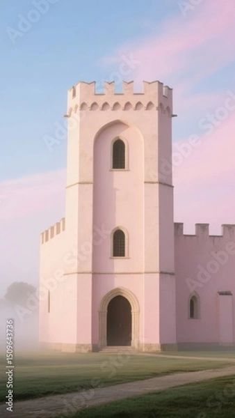 Fototapeta Pink Gothic-style tower with arched windows and a foggy landscape in the background