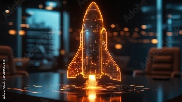 Fototapeta A startup companyâ€™s glowing holographic rocket model, displayed in a boardroom 