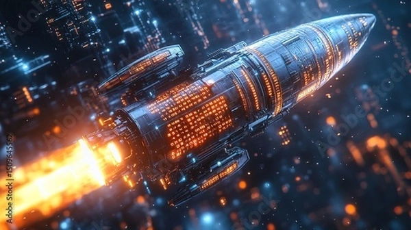 Fototapeta A rocket piloted by an advanced AI, its exterior pulsing with glowing binary codes