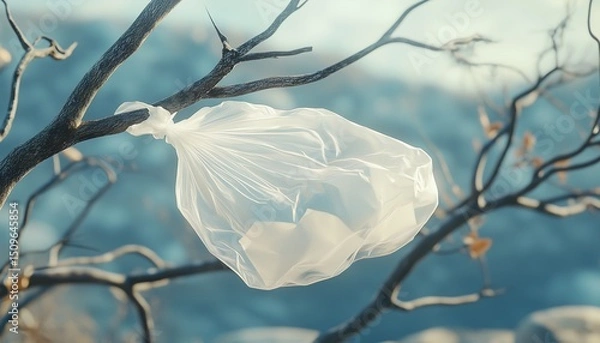 Fototapeta Plastic bag transparent fluttering in the wind and tangled on tree
