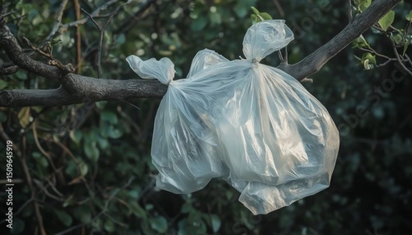 Fototapeta Plastic bag transparent fluttering in the wind and tangled on tree