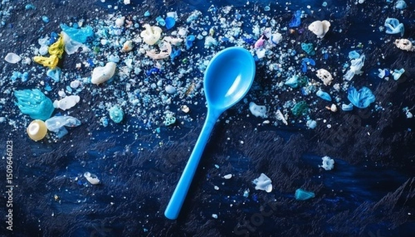 Fototapeta A plastic spoon and microplastic debris environment pollution