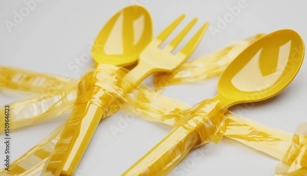 Fototapeta plastic spoons and fork with microplastic debris environment pollution