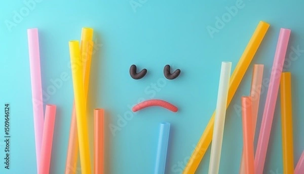 Fototapeta Straw plastics for drink pastel background with face sad emoticon