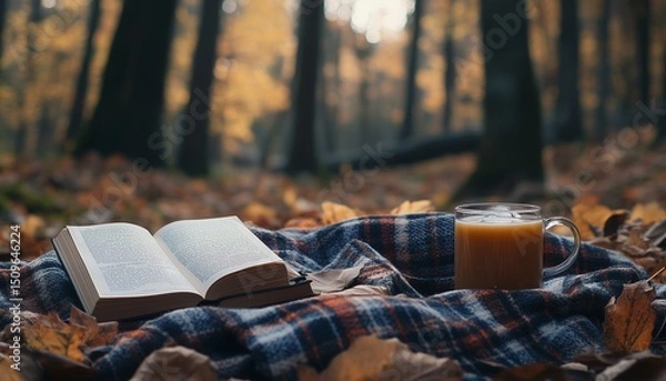 Fototapeta Book and coffee with blanket on balcony with autumn forest plant