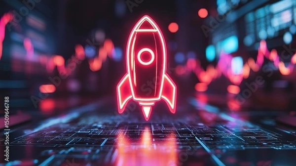 Fototapeta A neon rocket icon lighting up in a futuristic financial trading room 