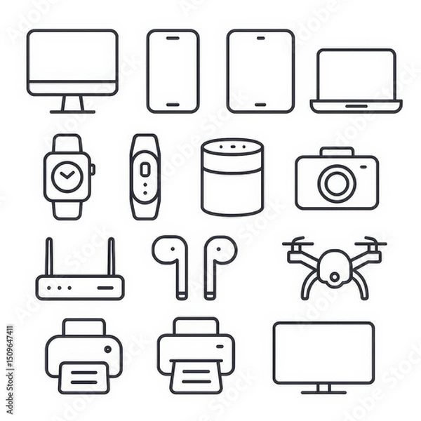 Fototapeta Gadget Collection: A modern collection of technology gadgets are outlined, representing the essential electronic device for people.