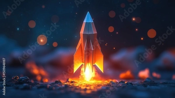 Fototapeta A glowing origami rocket folding itself into the sky 