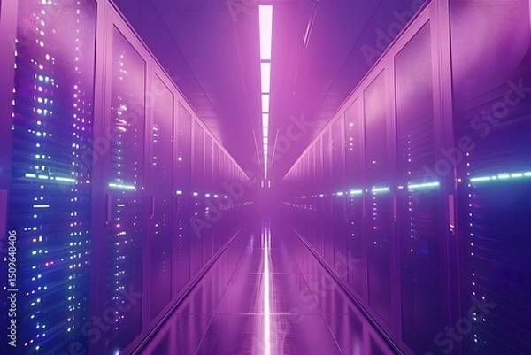 Obraz Modern server room with rows of data servers and blinking LED lights, showcasing advanced data center infrastructure and network technology