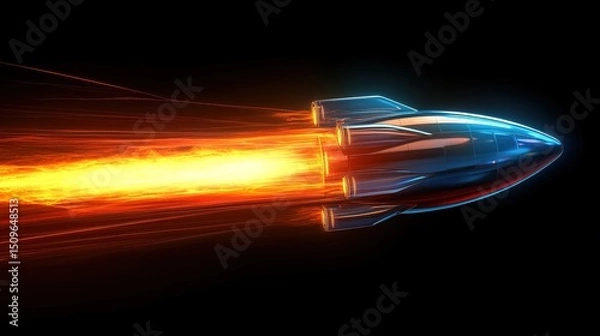 Fototapeta A glowing neon rocket ship launching, symbolizing a startupâ€™s rapid growth 