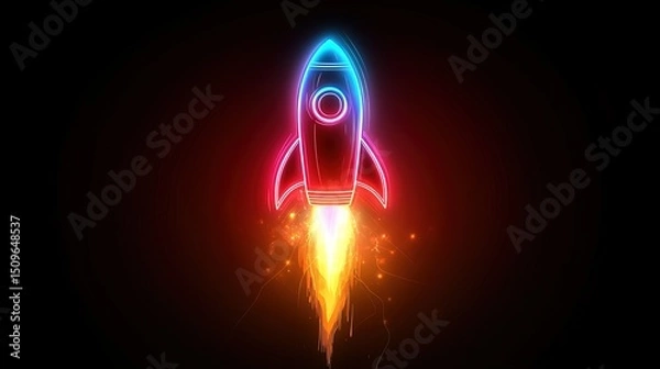 Fototapeta A glowing neon rocket ship launching, symbolizing a startupâ€™s rapid growth 