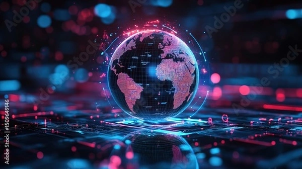 Fototapeta A glowing holographic globe representing a tech startupâ€™s global expansion