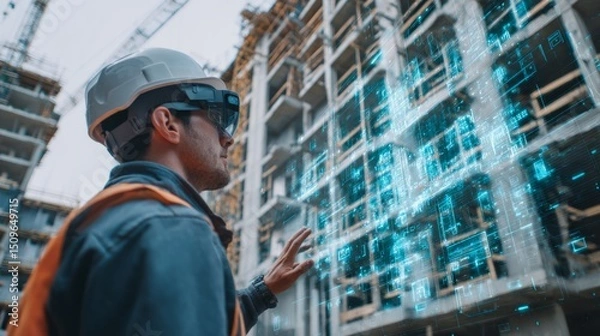 Obraz Construction worker using augmented reality technology at building site urban environment digital interface