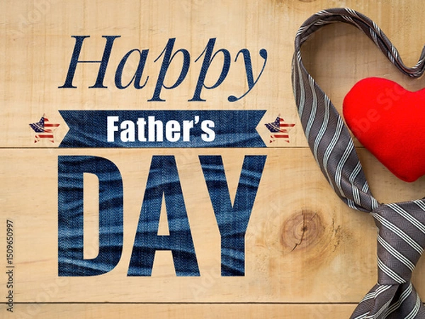 Fototapeta Happy Father's day banner with red heart and necktie on wood background, Father's day greeting card background idea