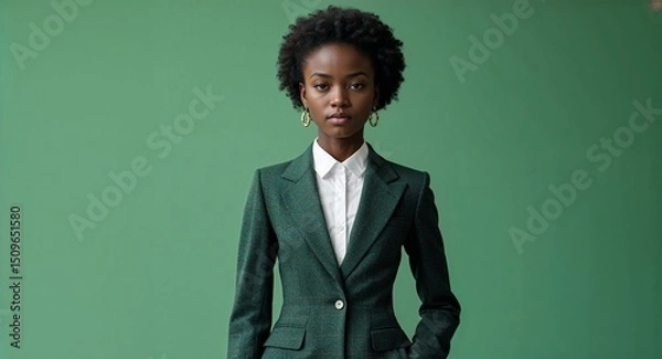 Obraz African girl in formal concept on green plain bright background fashion outfit commercial photoshoot pose with copy space