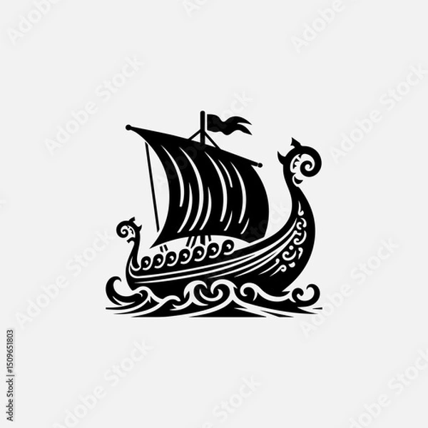 Fototapeta A detailed black silhouette vector logo of a traditional Viking longboat sailing on stylized waves