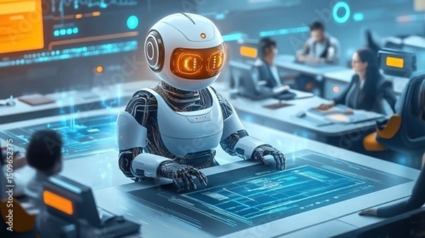 Fototapeta A futuristic AI-powered assistant helping a startup team optimize productivity 