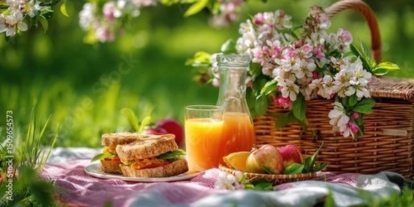 Fototapeta Picnic basket, sandwiches, fruit and juice lying on a tablecloth spread on the grass. Spring nature and flowers in the background. May picnic outdoors. 