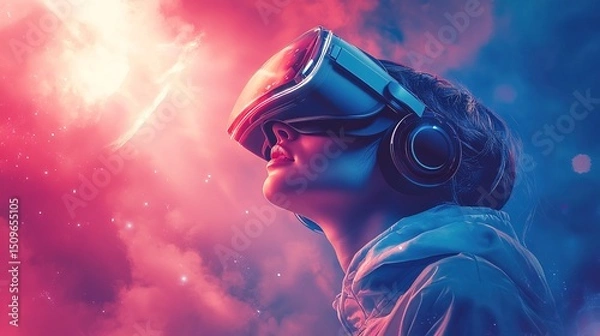 Fototapeta A creative entrepreneur using a VR headset to design a futuristic startup product