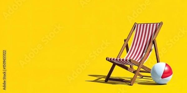 Fototapeta Striped Deck Chair and Beach Ball. Striped deck chair and beach ball on a yellow background.