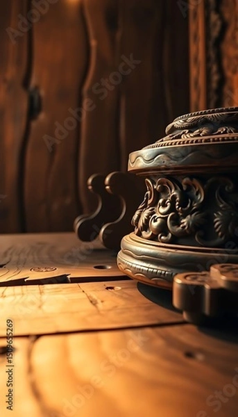 Fototapeta wooden table topped with a metal container