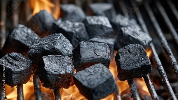Fototapeta Charcoal briquettes burning on a grill