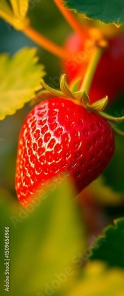 Fototapeta close up of a strawberry on a plant