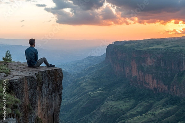 Fototapeta Man sitting on the edge of a cliff