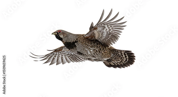 Fototapeta A Ruffled Grouse in MidFlight Displaying Detailed Wing Feathers