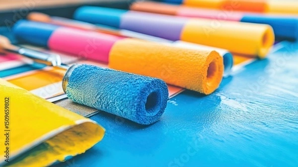 Fototapeta Colorful paint rollers and color palettes