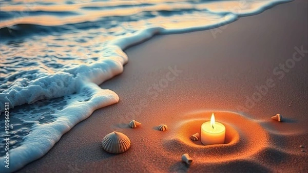 Obraz Tranquil Beach Scene with Candle and Seashells