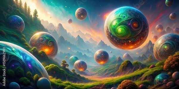 Fototapeta Enchanted Valley with Floating Celestial Spheres, a Dreamlike Landscape of Lush Greenery and Glowing Cosmic Orbs
