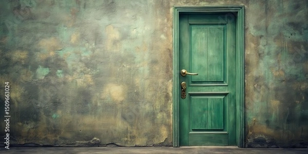 Fototapeta A weathered green door set within an aged, textured wall, hinting at untold stories and forgotten times.