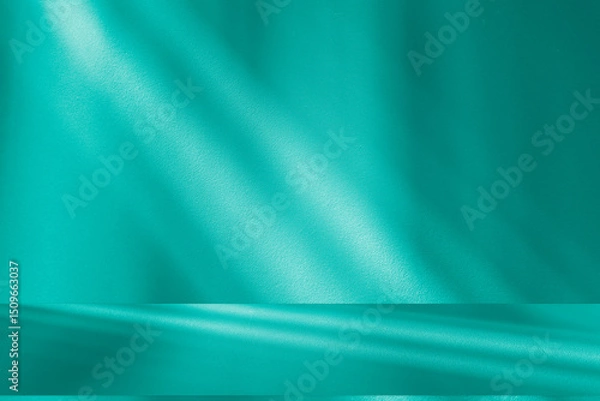 Fototapeta Wall interior background, studio and backdrops show products. with leaf shadow from window color green and white. background for text insertion and presentation of product	