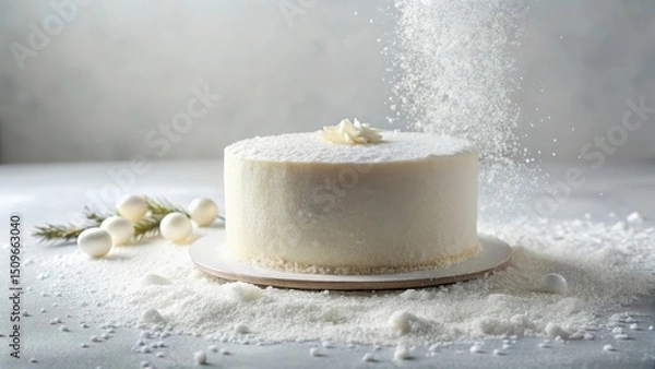 Fototapeta A Delicate White Cake Dusted with Powdered Sugar, Nestled Amongst Festive Decorations on a Snowy Surface