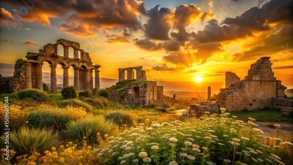 Fototapeta Ancient Ruins Bathed in Golden Sunset Light, Wildflowers Bloom in the Foreground, a Serene and Peaceful Scene