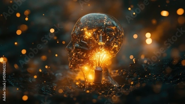 Fototapeta Illuminated skull-shaped lightbulb in a dark setting.