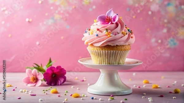 Fototapeta A Delicate Pink Cupcake with Sprinkles and a Flower Adornment on a White Cake Stand, Surrounded by Colorful Confetti and Blooming Flowers on a Pink Surface