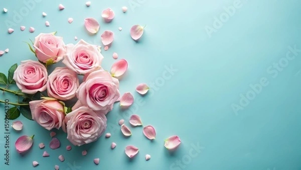 Fototapeta A Delicate Arrangement of Pink Roses and Petals on a Light Blue Background, Perfect for Romantic Occasions or Elegant Designs