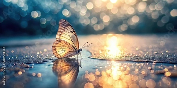 Fototapeta A delicate butterfly rests on a shimmering, sunlit surface, its reflection mirroring the beauty of the golden hour