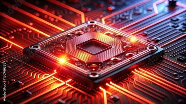 Fototapeta Intricate Electronic Circuitry A Close-Up of a Powerful Processing Unit Glowing with Red Light, Integrated into a Complex Motherboard Design