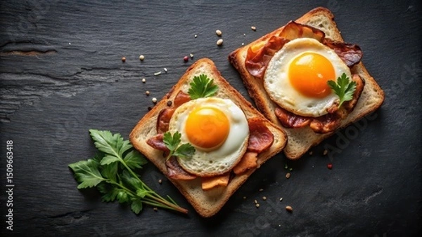 Fototapeta Aromatic Fried Egg and Crispy Bacon Toasts on Dark Surface with Fresh Parsley Garnish