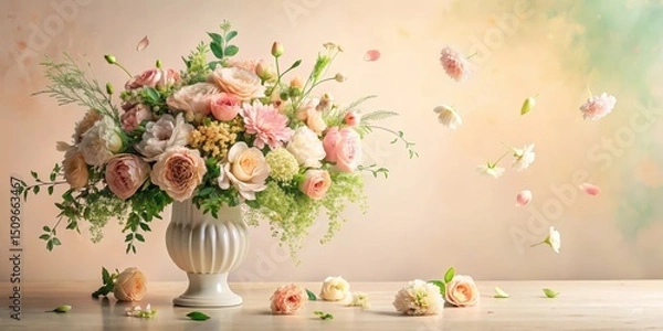 Fototapeta Elegant Pastel Flower Arrangement in a Classic Urn with Delicate Petals Falling Gracefully