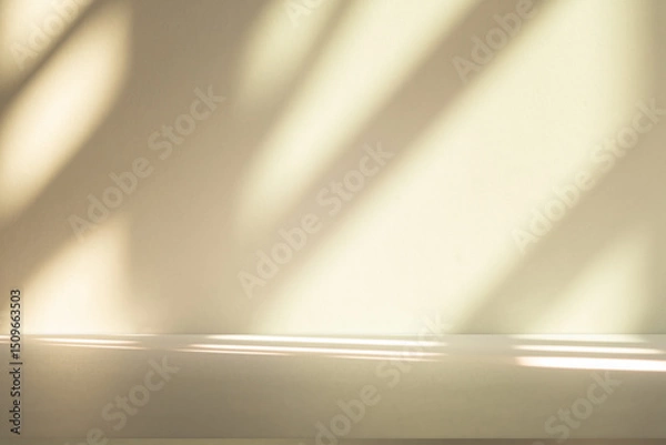 Fototapeta Wall interior background, studio and backdrops show products. with leaf shadow from window color beige and white. background for text insertion and presentation of product	