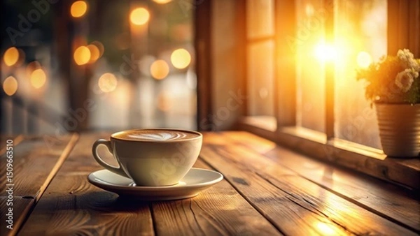 Fototapeta Aromatic Coffee Cup on Rustic Wooden Table by Window with Warm Sunlight