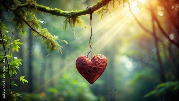 Fototapeta A crimson heart ornament hangs delicately from a moss-covered branch, bathed in the soft glow of sunlight filtering through a verdant forest canopy.