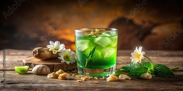 Fototapeta Refreshing Green Herbal Beverage with Ice Cubes and Botanical Accents on Rustic Wooden Table