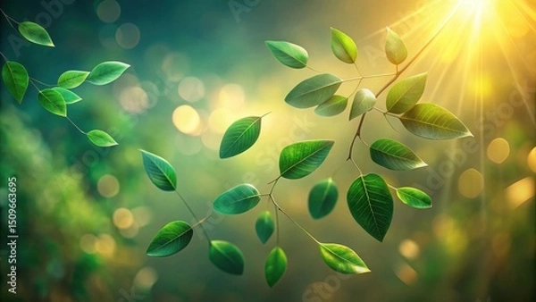 Fototapeta Vibrant Green Leaves Illuminated by Golden Sunlight, Gently Swaying in a Soft Breeze, Creating a Serene and Peaceful Natural Scene